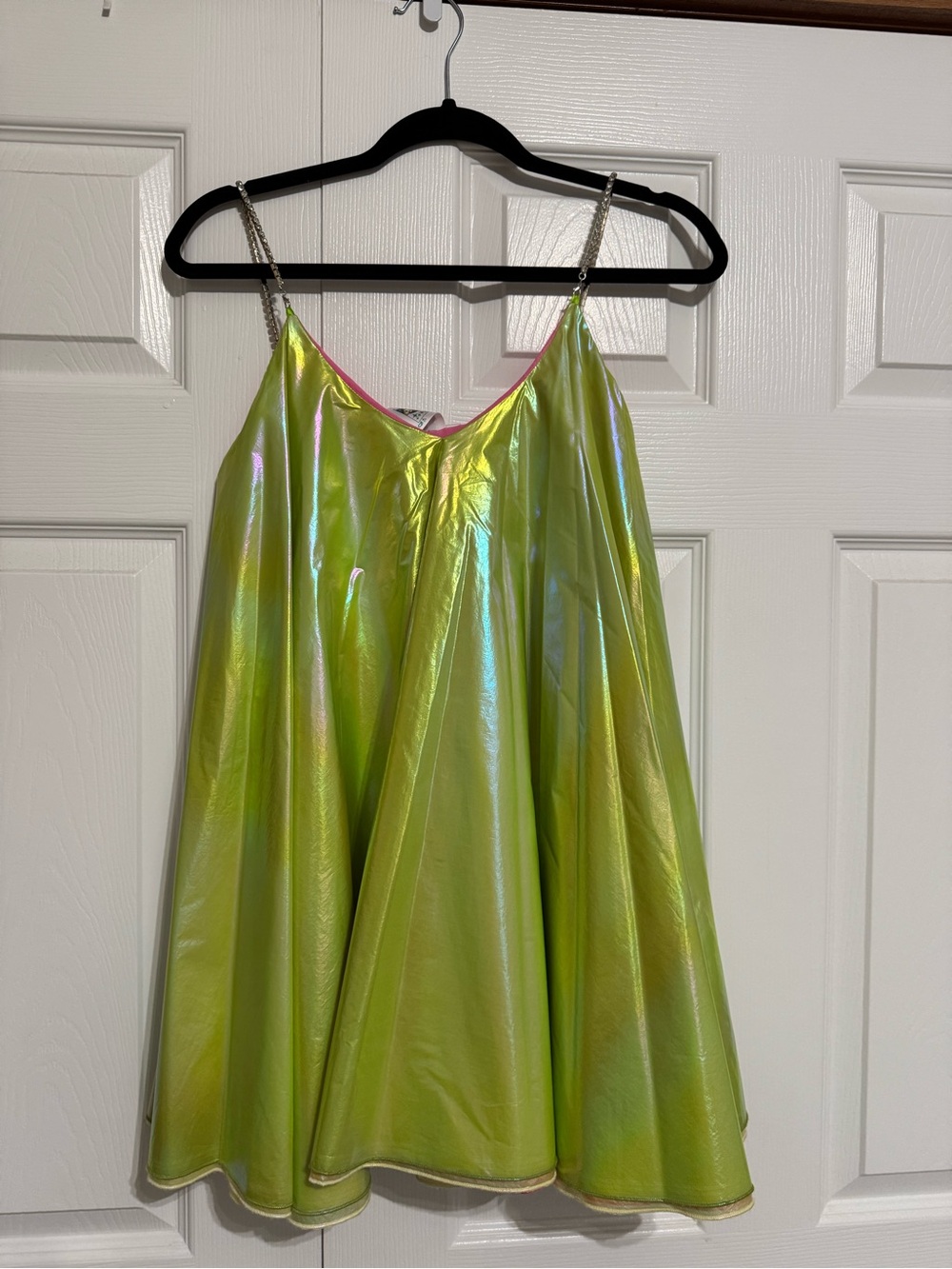 QUEEN OF SPARKLES Iridescent Lime Slip Barbie Dress with Rhinestone Straps